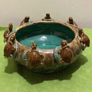 Vintage Handcrafted Turtle Motif Ceramic Bowl - Teal and Brown